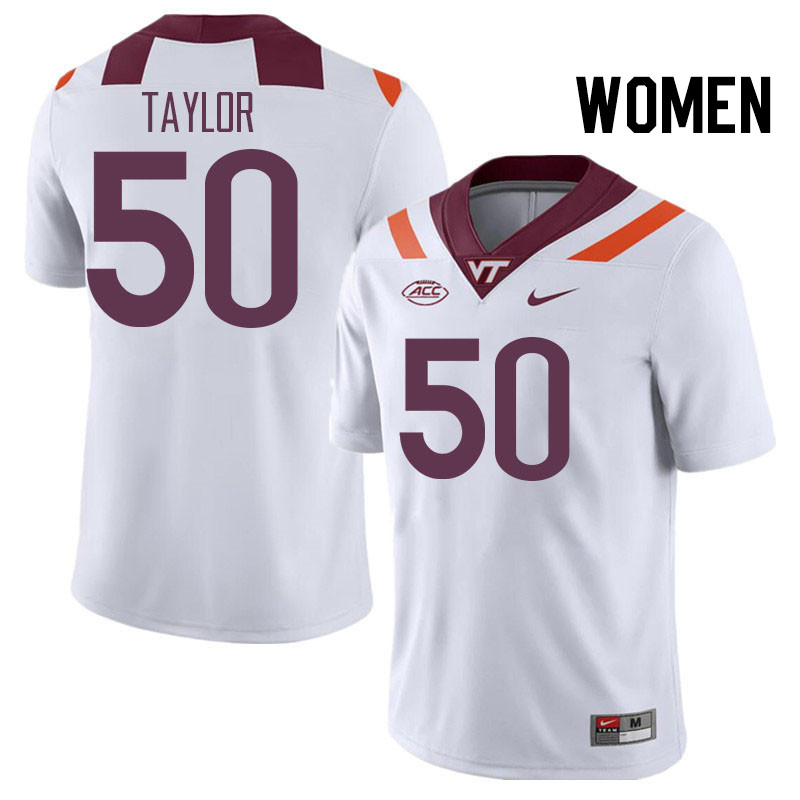 Women #50 Darius Taylor Virginia Tech Hokies College Football Jerseys Stitched Sale-White